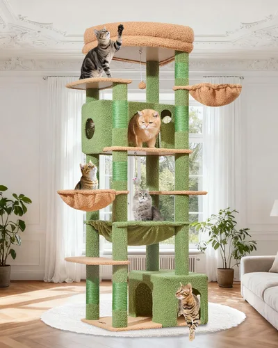 Vista 11 de Taoqimiao Árbol para gatos de 72 pulgadas, torre XXL para gatos de interior y adultos, plataforma extragrande, 2 casas para gatos, 7 postes