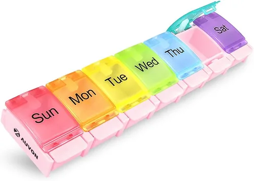 Vista 11 de AUVON Organizador semanal de pastillas apto para artritis, sin BPA, estuche pastillero de viaje de 7 días con diseño de apertura por resorte