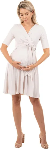 Vista 8 de Mother Bee Maternity - Vestido de maternidad de media manga, diseño cruzado de imitación con lazo frontal Coral