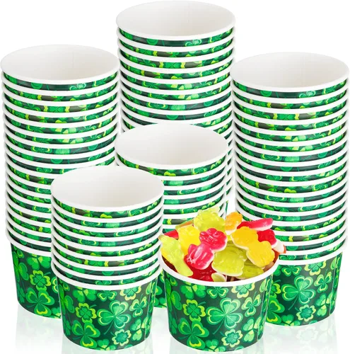Vista 8 de Zopeal Paquete de 50 tazas de papel de 9 onzas para helado del Día de San Patricio, cuencos desechables para helado de trébol, tazas de aperitivos
