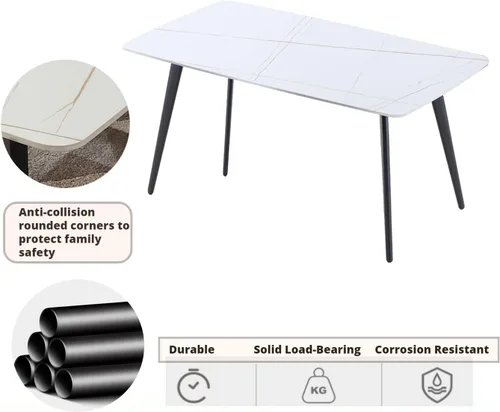 Vista 6 de LKTART Mesa de comedor ovalada blanca de 62.5 pulgadas con mesa de piedra sinterizada y patas de metal (sin sillas)
