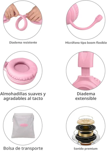 Vista 5 de SIMOLIO Audífonos para niños con micrófono para la escuela, auriculares con cable de 75/85/94 dB con micrófono retráctil para iPad, PC, laptop