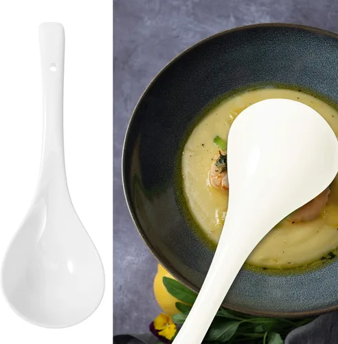 Vista 6 de Hemoton Paquete de 2 cucharas grandes de cerámica asiática para sopa de porcelana profunda de alta resistencia con mango largo de 10.43 pulgadas