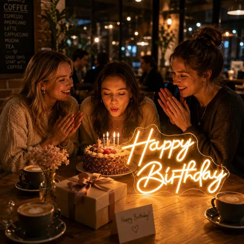 Vista 4 de Letrero de neón de feliz cumpleaños, luces de neón LED regulables, para fiesta de cumpleaños, letreros de neón para decoración de pared, alimentados
