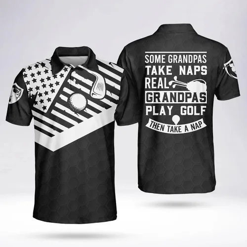 Vista 6 de Camisas de golf 3D divertidas personalizadas para hombres, algunos abuelos toman siestas reales abuelos jugar golf y luego tomar una siesta