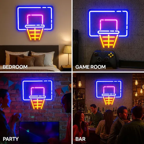 Vista 7 de Letrero de neón de aro de baloncesto para decoración de pared, letrero de luz LED regulable con control de brillo para fanáticos de los deportes