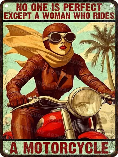 Vista 8 de ARTWALLURE Letrero de metal vintage de motocicletas con texto en inglés «Girl Biker No One is Perfect Except Woman Rides» para cafetería, bar