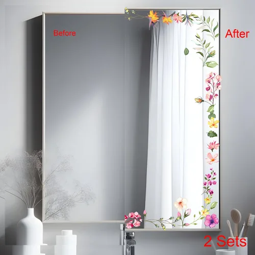 Vista 9 de Calcomanías de espejo floral, calcomanías de pared de flores, calcomanías de pared para despegar y pegar, gráficos estéticos, decoración de baño