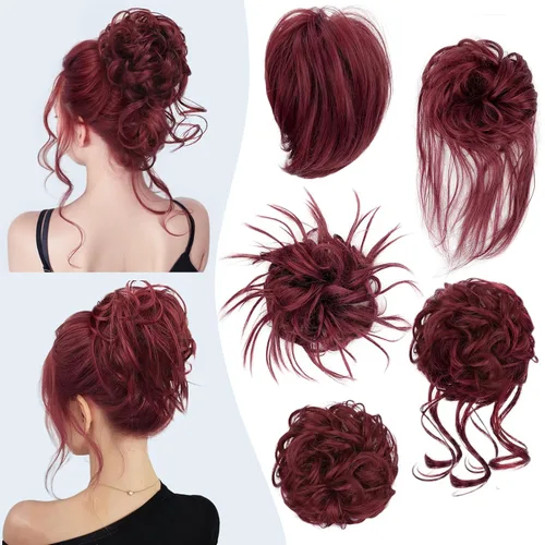 Vista 6 de HMD 5 piezas de moño despeinado para mujer, extensión de cabello con banda de goma elástica, extensión de cabello largo y desordenado, accesorios