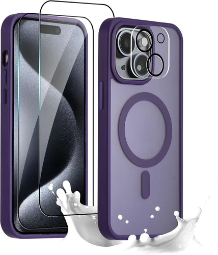 Vista 10 de Funda magnética para iPhone 15, fuerte protección contra caídas de grado militar con protector de pantalla, marco suave y parte trasera mate, a Negro