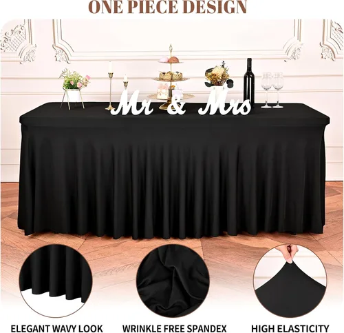 Vista 3 de fani Paquete de 2 faldas de mesa elásticas negras para mesa rectangular de 6 pies, manteles elásticos de elastano lavables con falda, mantel