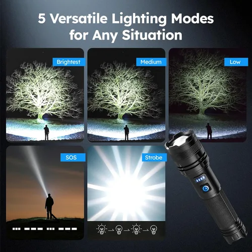 Vista 3 de THY TRY Linterna LED Recargable Paquete de 2, 90000 Lúmenes Altos Super Brillantes Linternas de Mano, 5 Modos y Enfoque Ajustable, Linterna de Mano