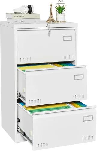 Vista 11 de Archivador lateral de 3 cajones con cerradura para oficina en casa, archivador de metal con barra ajustable para colgar, organización de archivador