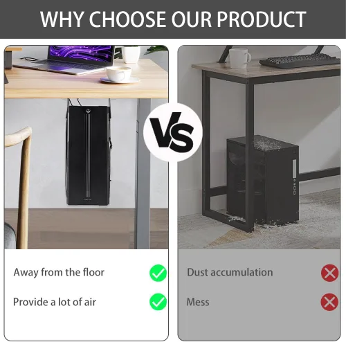 Vista 2 de Soporte de PC para debajo del escritorio con esponja antiarañazos, soporte ajustable para CPU para torre de computadora (negro, fijo)