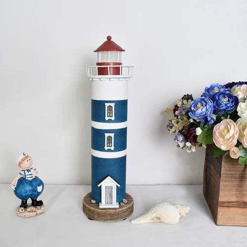 Vista 3 de Decoración de faro de madera con luces, decoración náutica de mesa, torre decorativa, luz de torre para centros de mesa con temática de playa