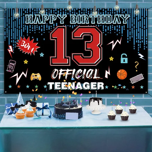 Vista 3 de Cartel oficial de telón de fondo para puerta de cumpleaños de 13 años, decoraciones de feliz cumpleaños para niños y niñas, rojo y azul de 13 años