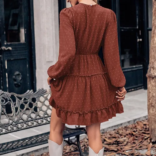 Vista 9 de Vestido midi casual de otoño para mujer, de manga larga, cuello redondo, fruncido, escalonado, con volantes, vestido floral con vuelo, faldas diarias