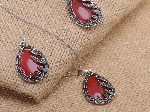 Vista 2 de alilang tono plateado Gunmetal sintética Ruby lágrima Juego de Collar con Colgante Pendiente de piedra