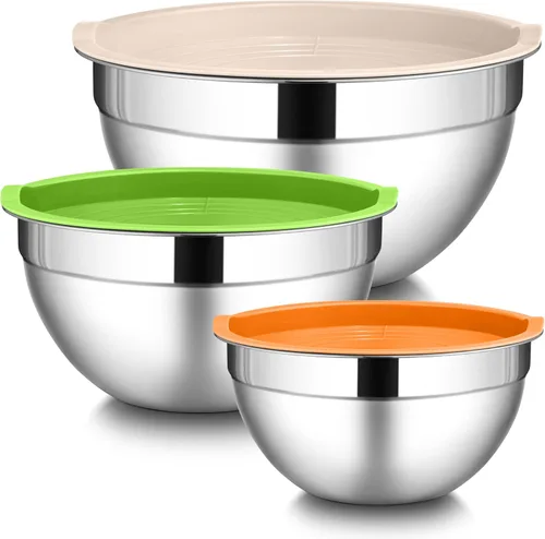 Vista 13 de LIANYU Juego de 3 tazones para mezclar con tapas, tazones de metal de acero inoxidable anidables grandes y pequeños para almacenamiento de cocina