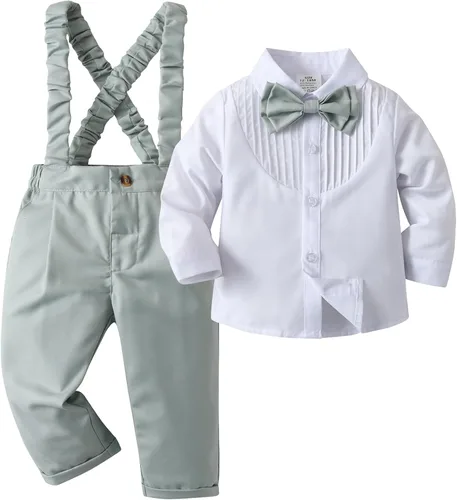 Vista 50 de Conjunto de pantalones para bebé, camisa de manga larga + pantalones + corbatín + tirantes, trajes de caballero para niños pequeños