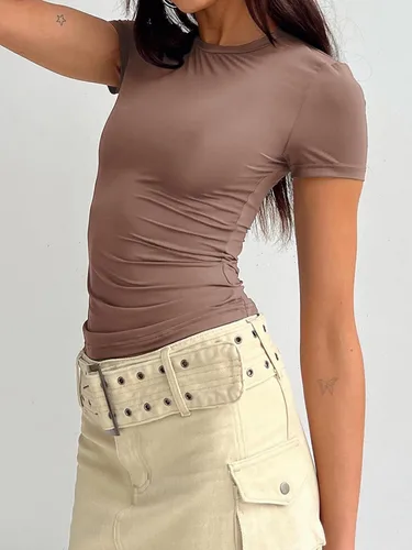Vista 2 de PGANDS Camiseta corta de manga corta de verano para mujer, cuello redondo, básica, lisa, Y2K, ajustada