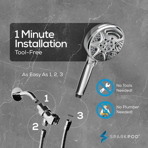 Vista 5 de SparkPod Cabezal de ducha de mano de 5 pulgadas con 9 ajustes de pulverización, pausa de ahorro de agua con interruptor de encendido/apagado