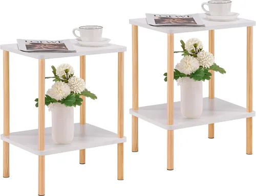 Vista 19 de Apicizon - Mesa auxiliar de 2 niveles, pequeña mesa auxiliar con patas de madera maciza, mesa de noche estilo boho con estante de almacenamiento