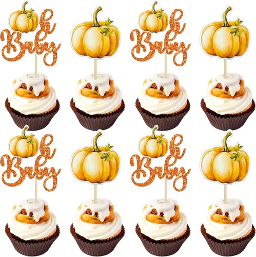 Vista 28 de 24 adornos de calabaza para cupcakes con purpurina para otoño, hojas, flores, calabaza, cupcakes, decoración de pasteles para Halloween, decoración