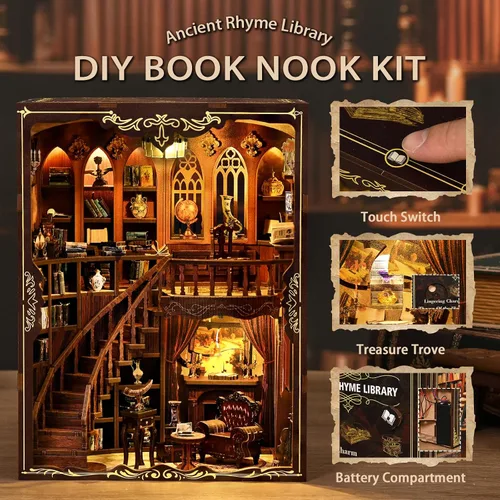 Vista 3 de Kit de rincón de libros en miniatura, rompecabezas de madera 3D, decoración de estantería de biblioteca con luces LED, modelo de casa pequeña