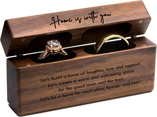 Vista 11 de MUUJEE The Adventure Begins - Caja de doble anillo – Caja de madera delgada grabada para boda, ceremonia de compromiso, propuesta de anillo – Ideas