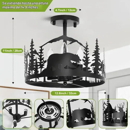 Vista 3 de Accesorio de Lámpara de Techo Rústica de Granja de Montaje Semi-Empotrado, 3 Luces Base E12 Accesorios de Luz de Metal Redondo Negro para Cocina