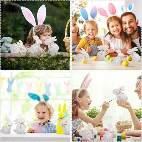 Vista 6 de 6 letreros de madera para mesa de conejo de Pascua, decoración de casa de campo con forma de conejito de primavera blanco, centros de mesa de Pascua