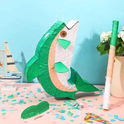 Vista 4 de Juego de pesca de piñata de pez verde, piñata oceánico bajo el mar, suministros para decoración de fiesta de adultos con palo de murciélago