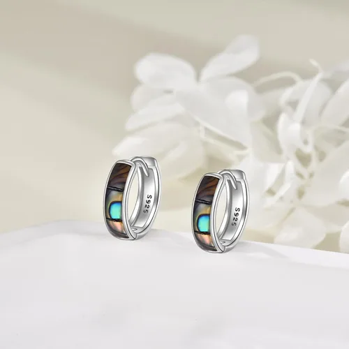 Vista 4 de Aretes de aro celta de concha de abulón, turquesa, ópalo, negroblanco, plata de ley, para mujer (abulón 2)