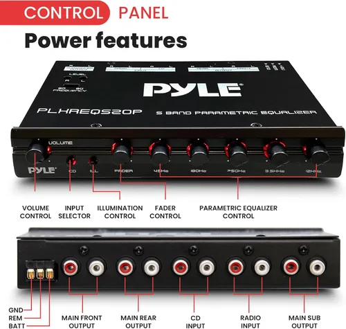 Vista 3 de Pyle Ecualizador paramétrico con subwoofer, salida de preamplificador RMS de 5 voltios con control de ganancia de subwoofer y 2 fuentes de entrada