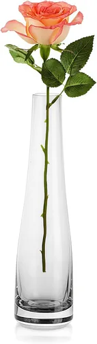 Vista 10 de Jarrón de cristal soplado hecho a mano, azul, transparente, base gruesa, diseño de cintura pequeña, perfecto para flores de tallo único, recepción