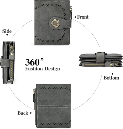 Vista 4 de SENDEFN Cartera pequeña de cuero plegable para mujer, con bloqueo RFID y bolsillo para monedas con cremallera, 1-gris, Cartera pequeña para mujer