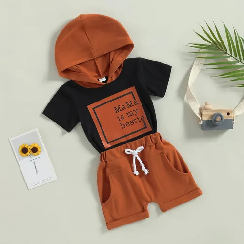 Vista 2 de Mama Is My Bestie, ropa de bebé para niños y niñas, camisa con letras, mameluco + pantalón deportivo de color sólido, traje de verano de 2 piezas