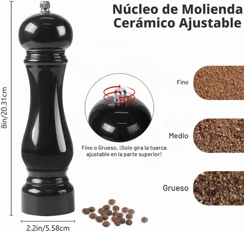 Vista 4 de LHS Molinillo de pimienta, molinillo de sal, molinillo de pimienta arcílica con núcleo de molienda de cerámica ajustable (8 pulgadas, negro)