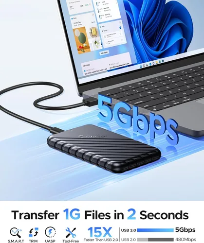 Vista 2 de ORICO Carcasa para disco duro externo de 2,5 pulgadas, USB 3.0 a SATA III, para SATA HDD SSD de 7mm y 9,5mm, sin herramientas [con soporte UASP]
