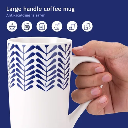 Vista 4 de YouPeng Juego de tazas de café grandes, tazas de cerámica con asa grande, taza de café alta para hombres o mujeres con patrón pintado a mano azul
