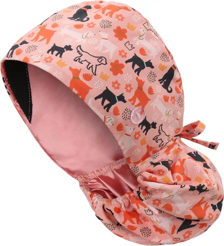 Vista 18 de Gorra médica con forro de satén con bolsillo para cola de caballo, gorro de enfermera médica de algodón con banda elástica para el sudor