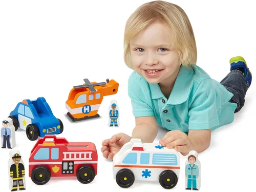 Vista 3 de Melissa & Doug – Juego de vehículos de emergencias de madera con 4 vehículos, 4 figuras de juego