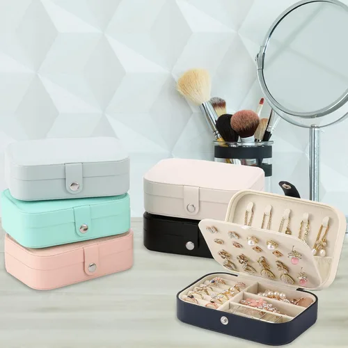Vista 5 de Joyero de viaje, organizador de joyas pequeño de piel sintética para mujeres y niñas, mini estuche de viaje portátil de doble capa para guardar