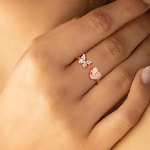 Vista 5 de Anillos apilables con iniciales para mujeres y niñas, chapados en oro rosa, con letra mayúscula, para mujeres, adolescentes, niñas, anillos