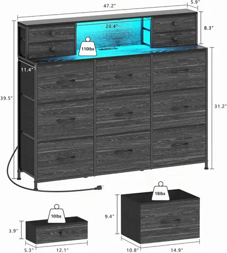 Vista 3 de Cómoda negra con estación de carga y luces LED de 13 cajones, cómodas para dormitorio, cómodas largas y baúles de cajones para sala de estar