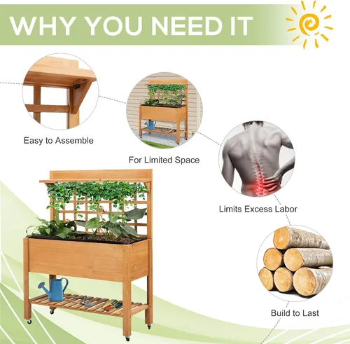 Vista 5 de Outsunny Cama de jardín elevada de 41 pulgadas con enrejado sobre ruedas, maceta elevada de madera con patas y forro de cama, para flores, hierbas