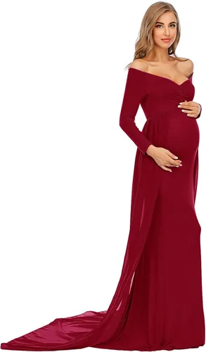 Vista 4 de ZIUMUDY Vestido de maternidad de manga larga con hombros descubiertos, vestido de gasa para sesión de fotos, baby shower