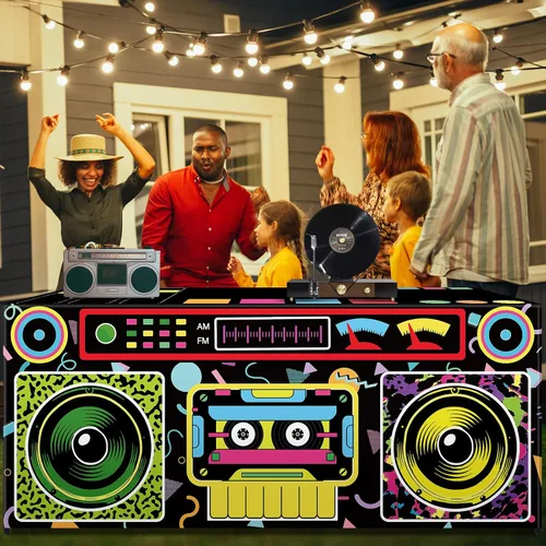 Vista 7 de Mantel temático de 6 pies, 80 y 90, decoración de fiesta de cumpleaños, funda de mesa clásica de radio Boombox, tela lavable, de poliéster, hip hop