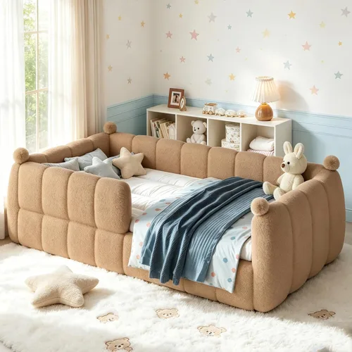 Vista 11 de Bellemave Cama Montessori tapizada de vellón de peluche de tamaño matrimonial con valla, marco de cama infantil de perfil bajo con barandillas